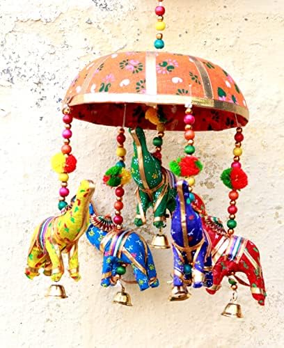 Nannudeco feito à mão Orange Umbrella Elephant Wall Ornamentos pendurados com Bell Home Deco Presente Item
