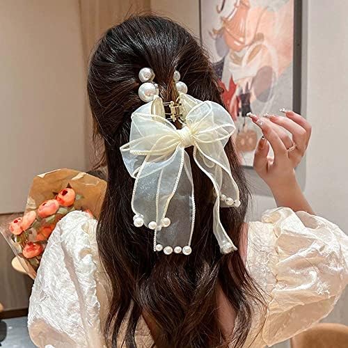 Houchu Bow Hair Clipes Mulheres Ornamentos Elegantes Cabelos Cuidados Pérolas Cuides Pérolas Preto