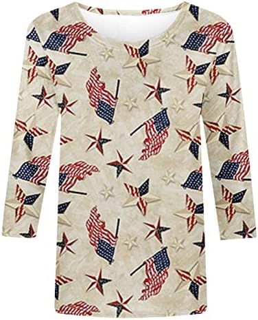 Shopessa 4 de julho Camisa Mulheres patrióticas 3/4 de manga T Camisetas verão American Flag camise