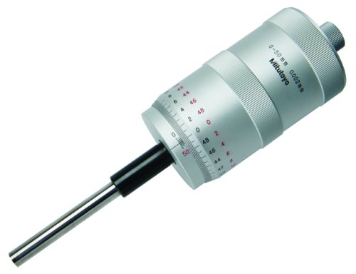 Mitutoyo 152-380 Cabeça micrômetro, ímpeto grande, face com ponta de carbie, faixa de 0 a 50 mm, graduação de 0,002 mm, precisão de +/- 0,004 mm, thimble simples, face plana, graduação bidirecional