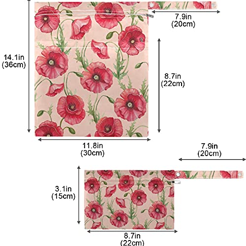 VISESUNNY POPPY FLOR POPPY 2PCS Saco molhado com bolsos com zíper Local lavável reutilizável para viajar, praia, piscina,