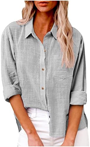 Camas de botão do pescoço para mulheres para mulheres, blusa de camiseta de manga comprida Tops de linho de algodão
