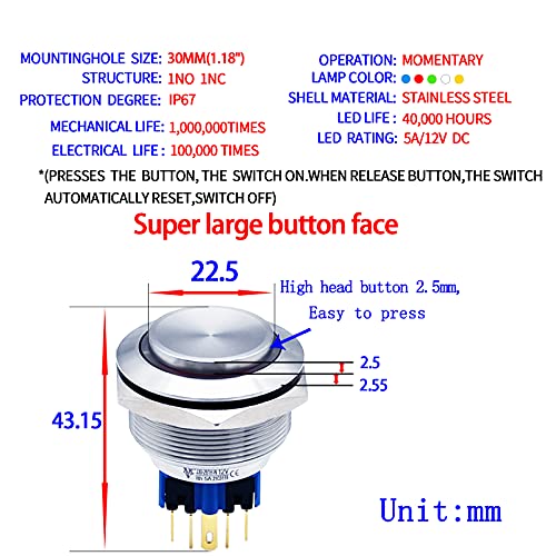 Push de botão momentâneo de 30 mm Cabeça redonda alta IP67 IP67 Aço inoxidável 304 On Off Angel Eye Ring Ling LED