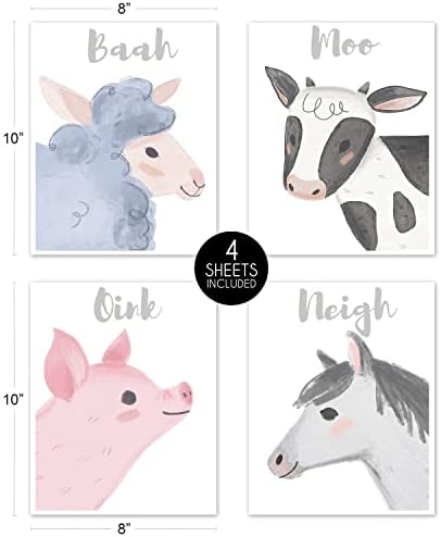 Sweet jojo projeta animais de fazenda de arte impressão de parede decoração de quarto para bebê, berçário e crianças - conjunto de 4 - Aquarela de vaca de vaca de fazenda aquarela.