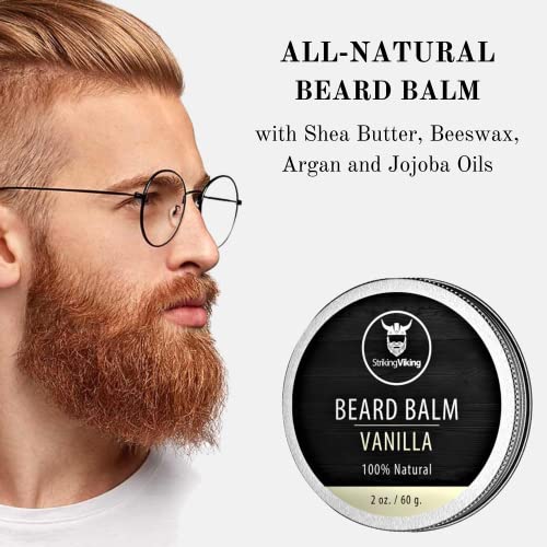 Balm de barba de baunilha Viking - estilos, fortalece e suaviza barbas e bigodes - cera de condicionador de barba natural com manteiga de karité orgânica, árvore de chá, óleos argan e jojoba e aroma de baunilha