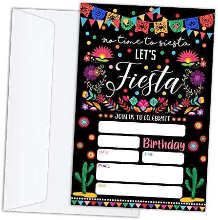 Cartões de convites de aniversário rlcnot com envelopes Conjunto de 20 - Fiesta Mexican Birthday Party Convites para crianças, meninos