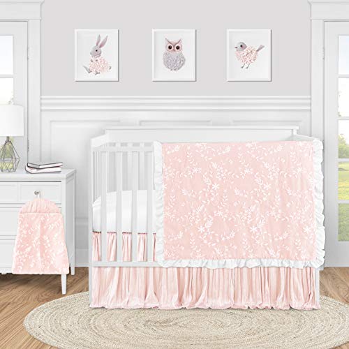 Doce JoJo Designs rosa Floral Floral Lace Baby Girl Girl Berçário Conjunto de cama de berço - 4 peças - Solid Light