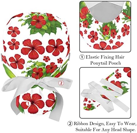 2 PCs Capinha de trabalho com banda de suor de botão, flores de hibiscus vermelhas folhas verdes Scrubs Hats Ponytail Solder para mulheres