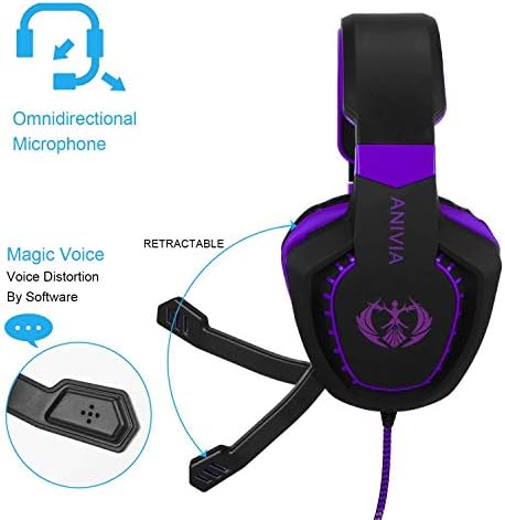 ANIVIA GAMING fone de ouvido Bass Surround som estéreo PS4 fone de ouvido com controle flexível de controle de volume de microfones cancelamento de microfones de cancelamento de microfones compatíveis para PS4 Xbox One Laptop PC Mac Purple