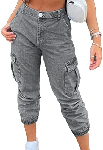 Jeans de carga de cintura alta feminina Jeans vintage Lápis calças de jeapis Slim Fit Washed Jean com bolsos
