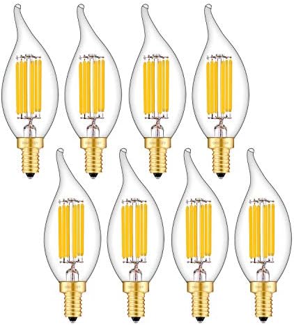 OMAYKEY 6W Dimmable LED Candelabra Bulb 3000K Branco macio, 65W equivalente 650 lúmen, E12 Base vintage Edison CA11 Dica de chama de velas Lâmpadas de vidro transparente lâmpadas lustres, 8 pacote de 8 pacote