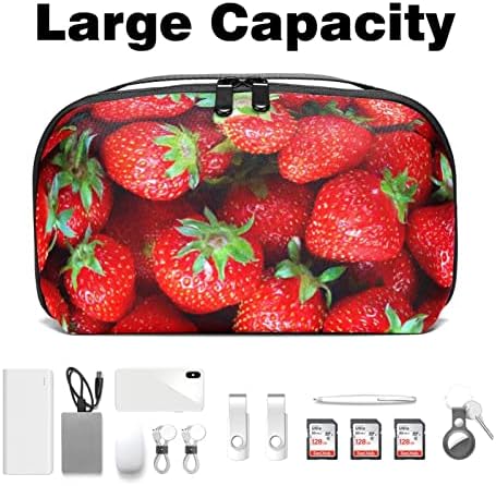 Organizador eletrônico, bolsa de cosméticos, organizador de viagens eletrônicas, bolsa de tecnologia, padrão de frutas de morango vermelho