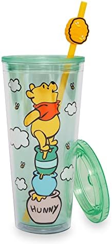 Disney Winnie, o Pooh Hunny Pot Carnival Cup com palha reutilizável e tampa resistente a vazamentos | Detém 24 onças