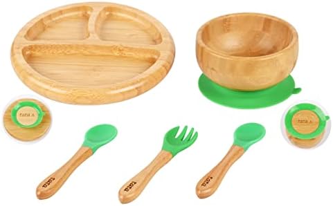 Tata AMG ® Baby Bamboo Plate e tigela Conjunto com colheres e garfo, placa de sucção de silicone e conjunto de tigela