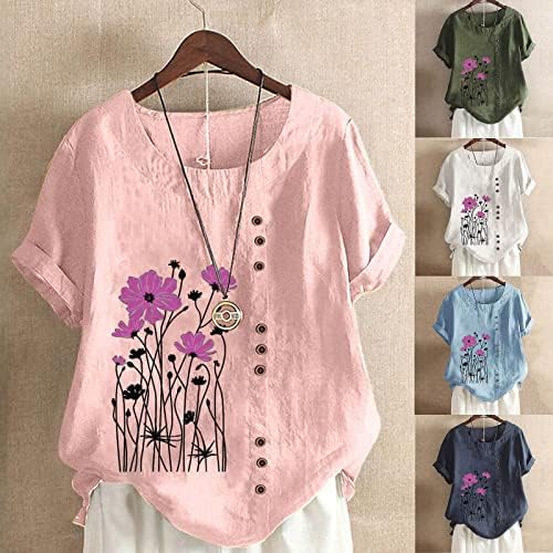 Tops de verão para feminino de linho de algodão camisetas de manga curta Fashion Floral Print Button Blouse Tunic