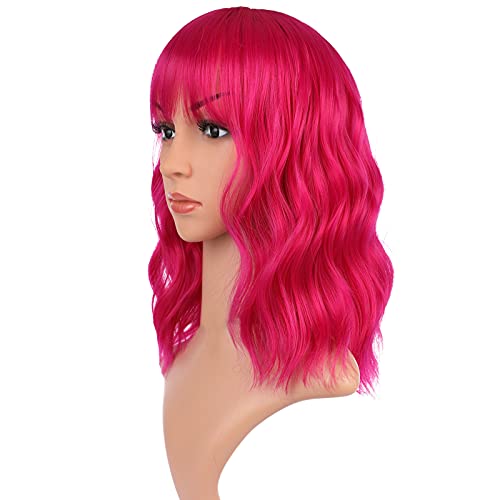 Peruca rosa da rainha, perucas rosa quente para mulheres perucas de cor curta ondulada com perucas sintéticas de franja de ar natural