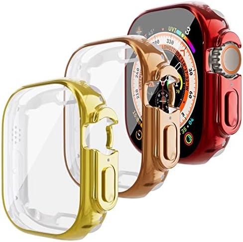 Caixa de 3 pacote de 49 mm para Apple Watch Ultra 49mm, capa TPU de cobertura completa ultrafina para IWATCH Ultra 49mm à prova de choque e capa resistente a arranhões para acessório de relógio Apple, ouro/ouro rosa/vermelho