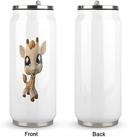 Girafa engraçada caneca de viagem fofa de aço inoxidável copo de capa de garrafa de água durável com tampa e palha 500ml