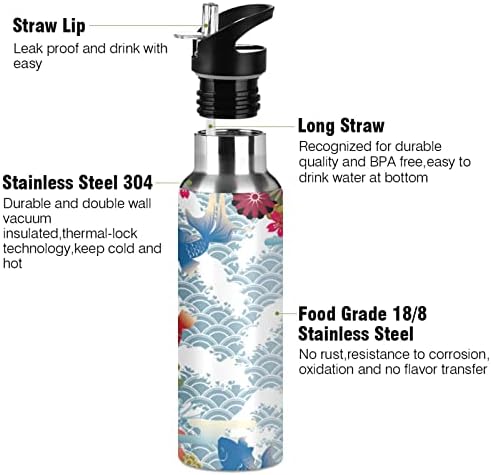 Alaza japonesa retro koi carpa e garrafa de água Sakura com palha de palha a vácuo de aço inoxidável Thermo Flask Bottle