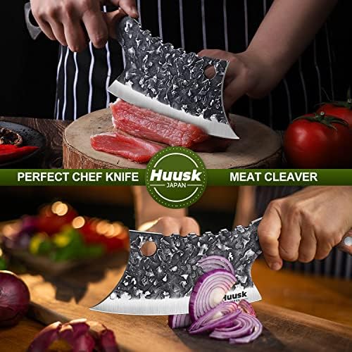Huusk Knives Collectible Bundle BBQ Knife e Faca de Cleaver de carne esculpida Mão forjada com bainha de couro e caixa de presente