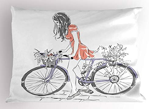 Almofada de travesseiro de bicicleta lunarável, imagem do estilo de esboço com jovem de bicicleta de passeio, travesseiro impresso