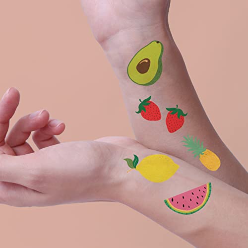 Tutti Frutti Variety Conjunto de 25 diversas frutas inspiradas em tatuagens temporárias de ouro metálico premium - tatuagem de folha, tatuagem tropical, suprimentos de festa, festa de aniversário, limão, abacate, abacaxi, melancia, morangos