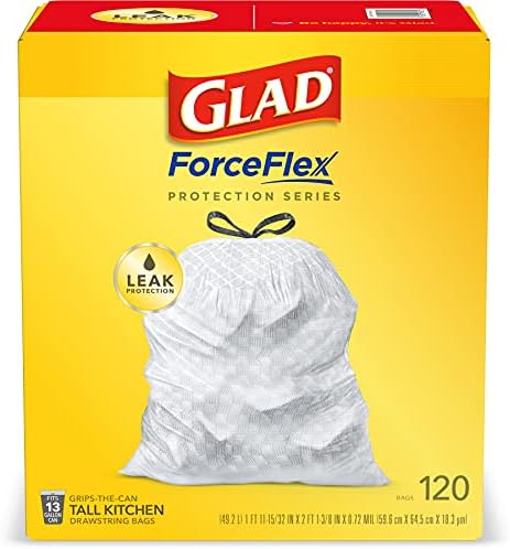 Glad Forceflex Alta de lixo de cordão, 13 galões de lixo branco para lixo de cozinha alta, sacos de proteção contra vazamentos