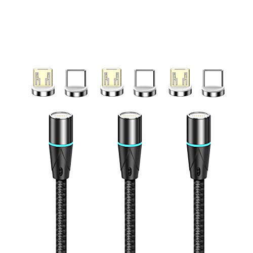 NETDOT Gen12 Magnetic Fast Charging Data Transfer Cable compatível com smartphones micro USB e USB-C vêm com 2 conectores cada cabo [5 pés, 3 pacote preto]