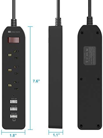 Power Strip Surge Protector 3 AC Tools com 3 portas USB, tira de plugue de hits Restas com carregador USB, faixa elétrica para casa e escritório, cordão de extensão de 5 pés, preto