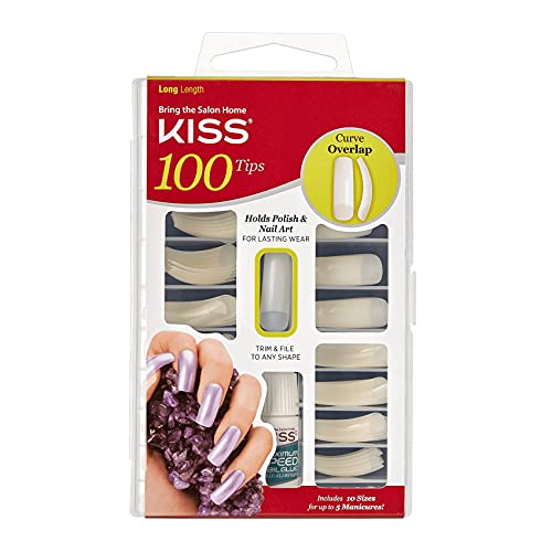 Kiss 100 dicas kit de unhas falsas, estilo de sobreposição de curvas, comprimento longo, dicas de unhas falsas duradouras, manicure