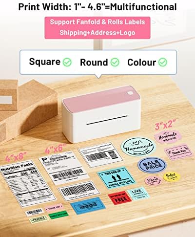 Impressora de etiqueta rosa phomemo com etiqueta de remessa térmica branca - 4 x 6, 100 folhas