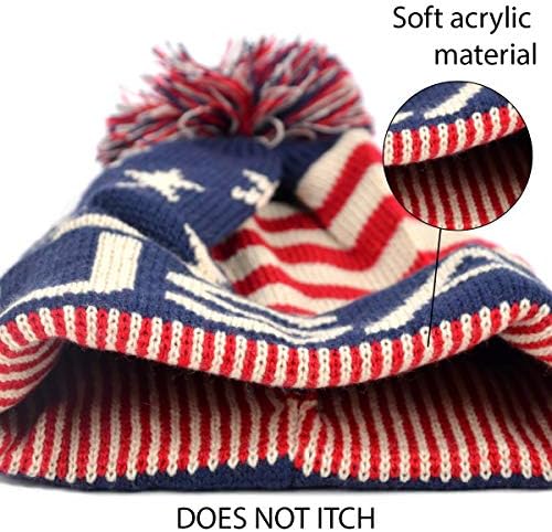 Selini Winter Hat - Knit, gorro com algema com pom pom, design de bandeira dos EUA, diversão calorosa para dias frios, pequeno -médio