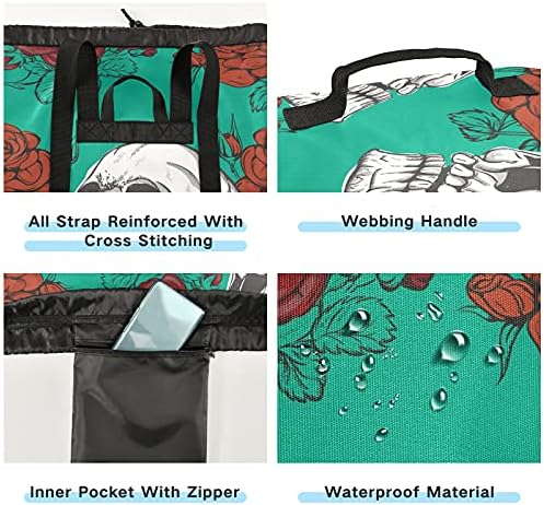 Roses Skulls Laundry Bag grande mochila para lavagem pesada com tiras de ombro Bolsa de roupa à prova d'água para viajar Camp