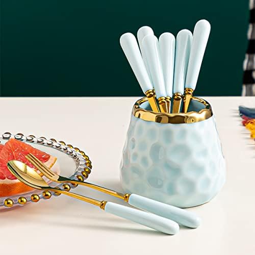Forks de sobremesa de café FVStar Conjunto de garfos, conjuntos de talheres de aço inoxidável com suporte de jarra de cerâmica,