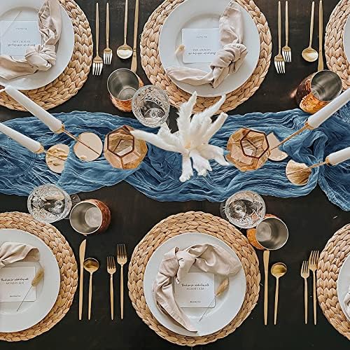 Sgaofiee 10ft Cowboy Blue Cheesecloth Table Runner, 35x120 polegadas Boho Table Runner, decoração de mesa pura rústica para chuveiro de noiva romântico, chá de bebê, mesa de bolo de festa de aniversário