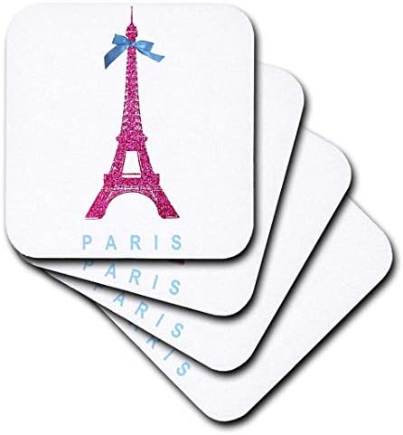 Torre Eiffel Pink Hot Pink 3drose de Paris com proa feminina feminina de fita - uma lembrança parisiense elegante e elegante - montanhas -russas macias, conjunto de 4