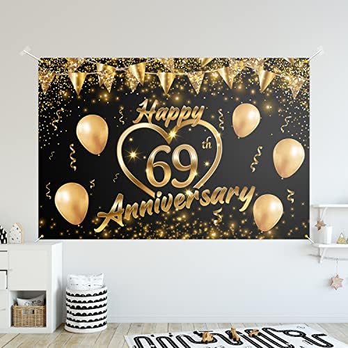 Feliz 69º aniversário do Banner Decor Black Gold - Glitter Love Heart Happy 69 anos Aniversário de casamento Decorações de temas