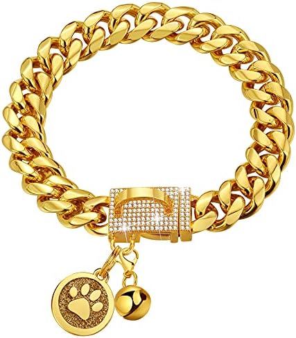 IDOFAS Gold Chain Collar Dog Collar 14mm Cola de cachorro Cuba com Bling CZ Diamonds Buckle 18k Gold Metal Chain Collars