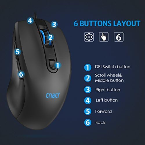 [Atualizado] mouse óptico com fio CRIACR, camundongos ópticos ergonômicos com fio USB, 3 DPI ajustável 800/1200/2000/3200,