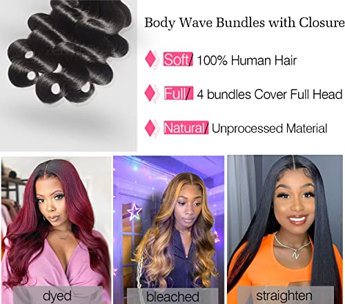 Zentifo Body Wave 4 Pacotes com fechamento Humanos não processados ​​Pacéis de cabelo para mulheres negras 14/16/18/20+10