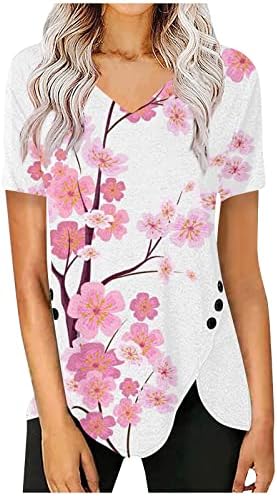 Ayaso feminino 2023 camisetas casuais de verão V de pescoço de manga curta de túnica de túnica decoração de impressão floral solta