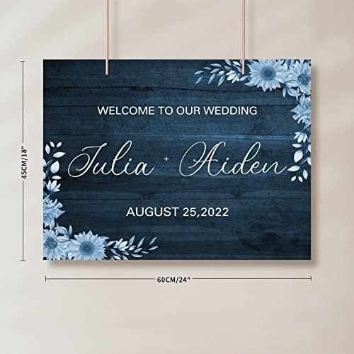 Alioyoit azul floral floral personaliza placa de casamento de madeira elegante de boas -vindas de boas -vindas sinal de