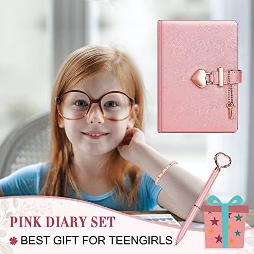 Diário do Fengco com fechadura para meninas, Pink Heart Lock Journal Frende Gifts Set com caneta de diamante, pulseira, adesivos