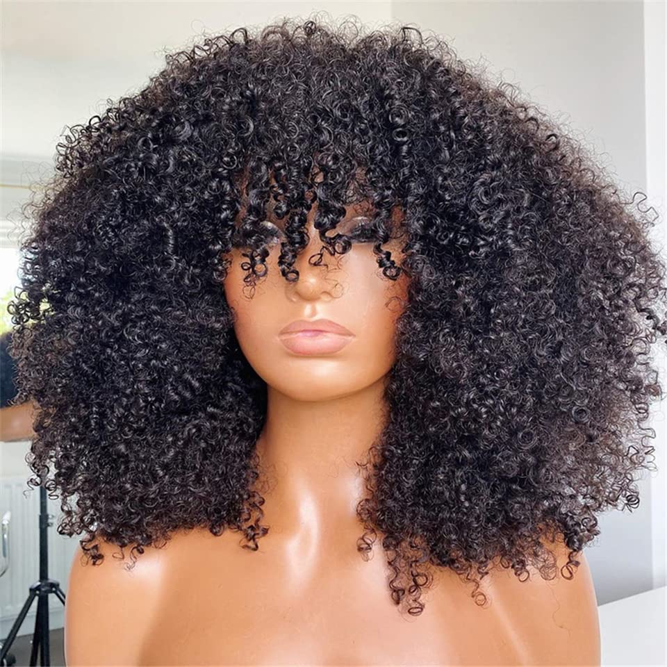 Young Beauty Afro Winky Curly Wig com Bangs Máquina de cabelos cheia de cabelos sem gluezes feitos de cabelo humano para mulheres negras 200 densidade corajosa
