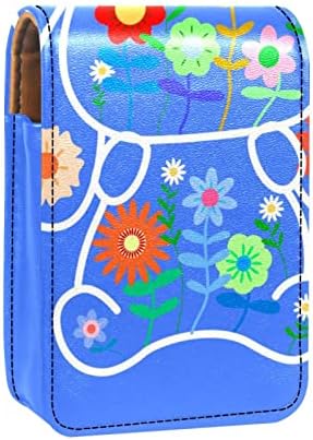 Bolsa de batom de batom de maquiagem de oryuekan com espelho portátil de armazenamento de armazenamento portátil de armazenamento de armazenamento labial de armazenamento, desenho animado de animais de coelho flores azuis azul