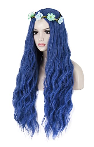Traje de peruca no noivo Bopocoko, mulher longa peruca azul com guirlanda ondulada ondulada as perucas coloridas fofas para Halloween BU036DBL