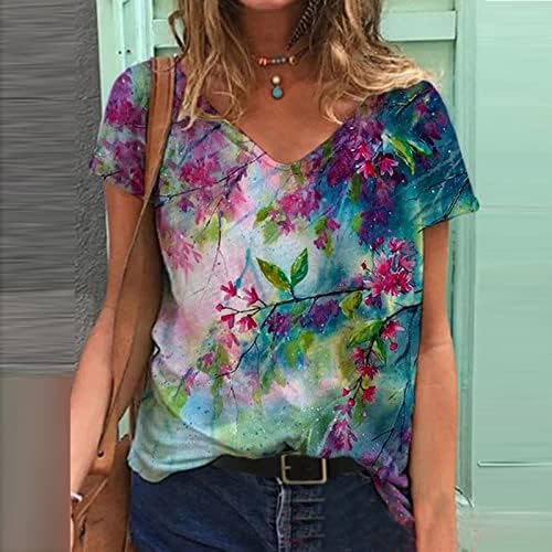 Camisetas mais tamanhos para mulheres casuais de verão, tops femininos camisetas gráficas florais de manga curta tops de blusa de decote em V soltos