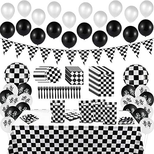 Beyumi 127pack Race Car Ficheed Party Supplies Decoration Kit, incluindo Banner Pennant Balloons Towloth Tableware Godies Godies
