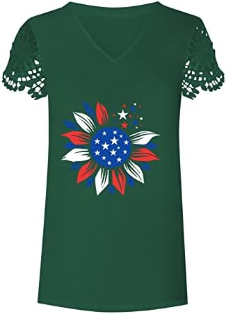 Camisa de manga de renda da bandeira americana para mulheres 4 de julho Camiseta patriótica Blusa de manga curta de girassol