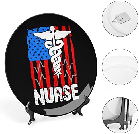 Enfermeira patriótica americana bandeira dos EUA Placa decorativa Redonda Placa Cerâmica Plina de China com Display Stand for Party
